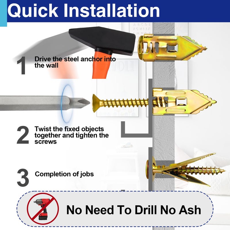 Usdrwam 60 PCS Self Drilling Drywall Anchors with Screws Kit, 0.47×1.18 Inch Metal Wall Anchors for Drywall Hanging, No Drill Needed - Image 5